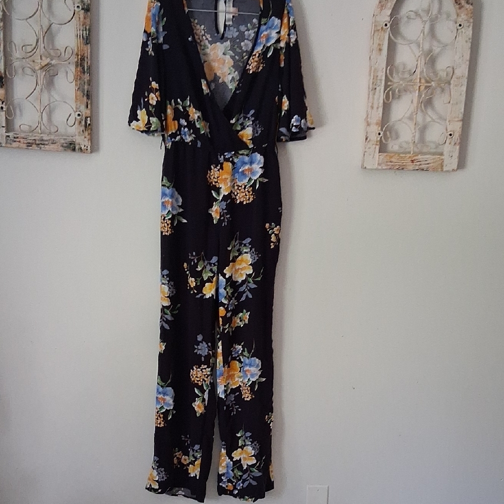 Band of Gypsies Black Jumpsuit with Blue and Yellow Floral